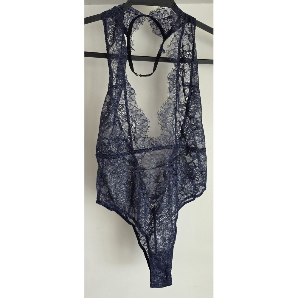 Victoria's Secret Bodysuit Small Navy Blue Halter Sleeveless Romantic